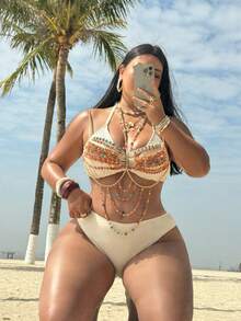 SHEIN Swim SXY 2026春夏新款女士加大码吊带背心身体链性感比基尼，珍珠金属链沙滩度假派对音乐节配饰内衣 - 橘色 - 查看 4