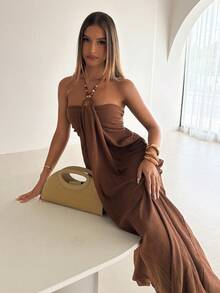 Aloruh 女士纯色褶皱露背休闲日常约会外出连衣裙 - 咖啡棕 - 查看 8