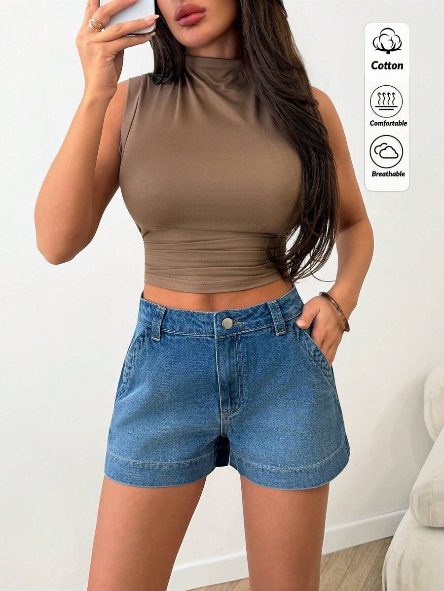SHEIN Quần short denim ống rộng cạp cao với đường may tương phản. - Rửa trung bình - Xem 1