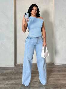 SHEIN SXY Áo kiểu nữ cỡ lớn, màu nâu, chất liệu trơn, kiểu dáng đơn giản, hở vai, thích hợp mặc mùa hè, một tay áo, màu nâu sô cô la. - Màu xanh nhạt - Xem 6