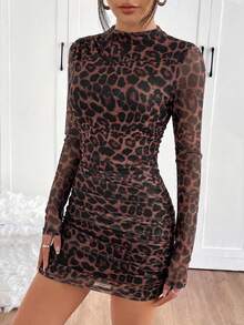 SHEIN EZwear Đầm ngắn lưới họa tiết da báo gợi cảm thời trang dành cho nữ - Rỉ Nâu - Xem 3