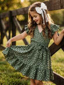 Emery Rose Kids Emery Rose Kids Abito casual con scollo a V e stampa floreale ditsy per ragazze giovani - Verde - Visualizzare 2