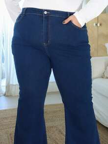 Pretty and Ole Jeans mit hoher Taille, schlanker Passform und weitem Bein in dunkler Waschung für Große Größen - Dunkle Waschung - Übersicht 6