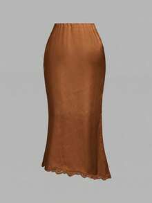 SHEIN MOD Chân váy dài nữ thanh lịch, lãng mạn, phối ren, vạt bất đối xứng - màu nâu - Xem 3