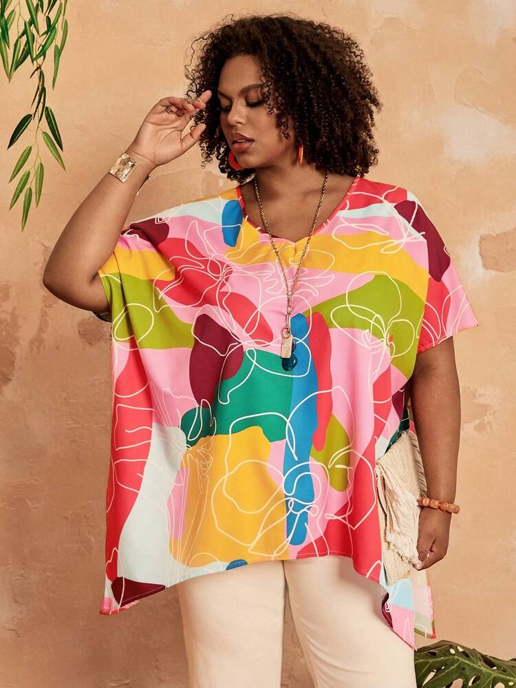 Plus Size Women Allover Print Casual Versatile Daily Wear Shirt Women's Oversized Tshirt Women's Tops For Summer Summer Tops For Women Vacation Women's Beach Cover Up Multicolor Women Blouses Blouse For Women Casual Modern Women's Short Sleeve Tops