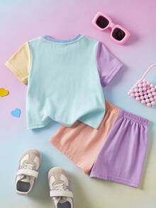 THE POWERPUFF GIRLS X SHEIN 女婴圆领拼接字母卡通印花短袖T恤搭配松紧腰短裤，休闲日常穿搭 - 彩色 - 查看 2