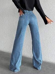 ZIRRA Quần jeans denim ống rộng cạp cao thường ngày dành cho nữ - Rửa trung bình - Xem 2