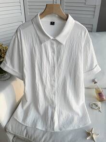 Comfortcana 大码纯色简约短袖衬衫，休闲日常穿着 - 白色 - 查看 5