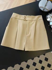 Lyxana New Arrival Summer Elegant Pocket Asymmetrical Waist Button Decor Women Shorts - Apricot - View 8