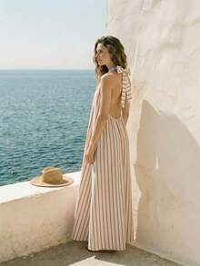 Lumivelle Women's New Sleeveless Striped Linen Printed Long Dress, Casual Vacation Wear, Spring/Summer - Khaki - View 2