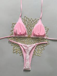 Swim Mod Bộ bikini hai mảnh gợi cảm gồm áo ngực tam giác buộc dây cổ và quần lọt khe, chất liệu vải họa tiết hoa, màu vàng ánh mặt trời, thích hợp cho mùa xuân/hè. - Nhiều màu - Xem 3