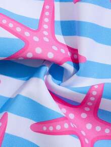 SHEIN Playful Pals 海星藍白條紋彈性梭織印花布料，適合年輕女孩海灘、游泳、度假用一件式泳衣 - 彩色 - 查看 4