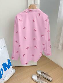 SHEIN 大码女式蝴蝶结装饰长袖单排扣休闲衬衫 - 彩色 - 查看 6