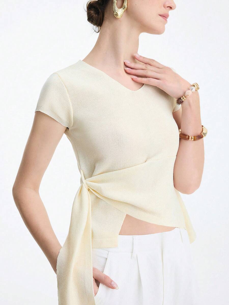 Aalyst Summer French Style V-Neck Solid Color Asymmetrical Slit Cap Sleeve Shirt, Niche Design Waist Cinched Slim Fit Knit Sweater Top For Women