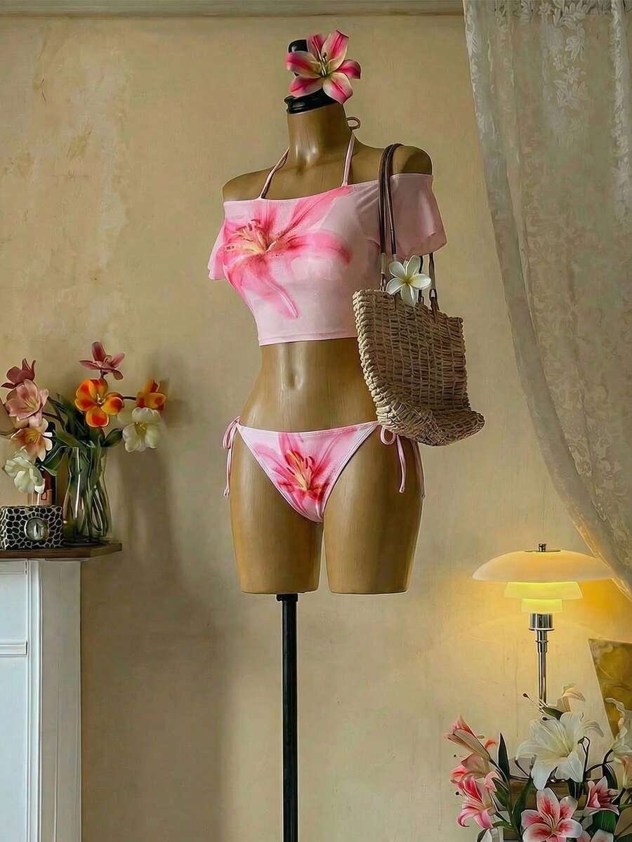 SHEIN MOD Women's Summer Beach Floral Halter Tie Sexy Bikini Swimwear Set With Cover Up Top, 3pcs Bikini, Pink Swimwear 3 Pieces, Flower Bikini, Chic Women's 3 Pieces Floral Print Bikini Set Pink Halter Top Side Tie Bottom And Mesh Crop Top, Seaside Vacation, Vacation Outfits Women , Holiday , Summer Outfits - Pink - View 1