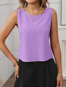 SHEIN Clasi 女士纯色圆领蝴蝶结装饰休闲百搭日常上衣 - 紫色 - 查看 3