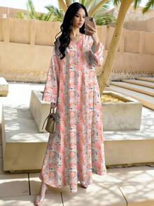 SHEIN Najma 花卉条纹印花V领长袖长款连衣裙，优雅花卉长裙，适合春夏穿着，尽显阿拉伯风情。 - 彩色 - 查看 5