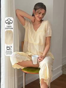 DAZY Bộ đồ ngủ nữ mùa hè ngọt ngào với chất liệu vải thêu khoét lỗ, tay áo hình cánh hoa. - Màu vàng - Xem 4