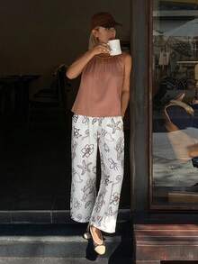 DAZY Bộ đồ ngủ nữ phong cách nghỉ hè gồm áo không tay dáng rộng cổ xếp ly và quần pajama in họa tiết đại dương. - Màu Hồng  San hô - Xem 8