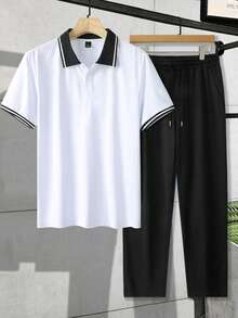 Manfinity Homme Ensemble de polo à manches courtes pour hommes, convient pour le port décontracté à la maison ou à l'extérieur - Noir et Blanc - Voir 8