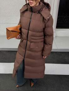 SHEIN Women Pocket And Zipper Detailed Winter Coats - Chocolate Brown - View 5