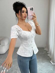 SHEIN Elenzya Camicia estiva casual con ricamo floreale a tinta unita - Bianco - Visualizzare 5