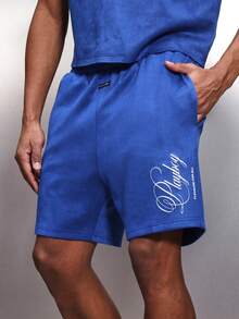 PLAYBOY X SUMWON Men's Casual Drawstring Shorts With Side Pockets And Script Branding Detail Summer Lounge Wear - Blue - View 1