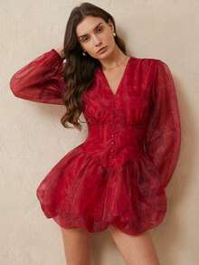BELROSIE Vestido elegante y ligero con estampado de sirena, cuello en V, cintura recogida, mangas con volantes y dobladillo con volantes cortos. Vestido de organza para mujer, atuendo de vacaciones para mujer, ropa de vacaciones para mujer, vestido formal para mujer, conjunto de vacaciones para mujer - Multicolor - Ver 5