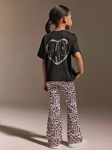 SHEIN Young Girls' Casual Leopard Print Sportswear Set,Baby Pink,Autumn Winter Relaxed-Fit Logo Tee And Flared High-Stretch Pants,Soft Active, Fall, Yoga - Black - View 1
