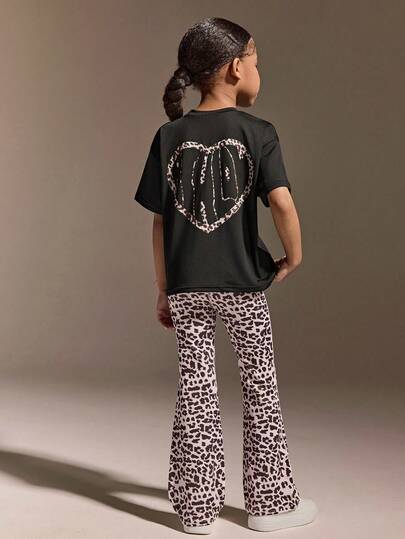Young Girls' Casual Leopard Print Sportswear Set Featuring A Relaxed-Fit Logo Tee And Flared High-Stretch Pants, Crafted With Soft, Breathable Fabric For All-Day Play, Perfect For Weekend Outings, Playground Fun, And Stylish Active Wear