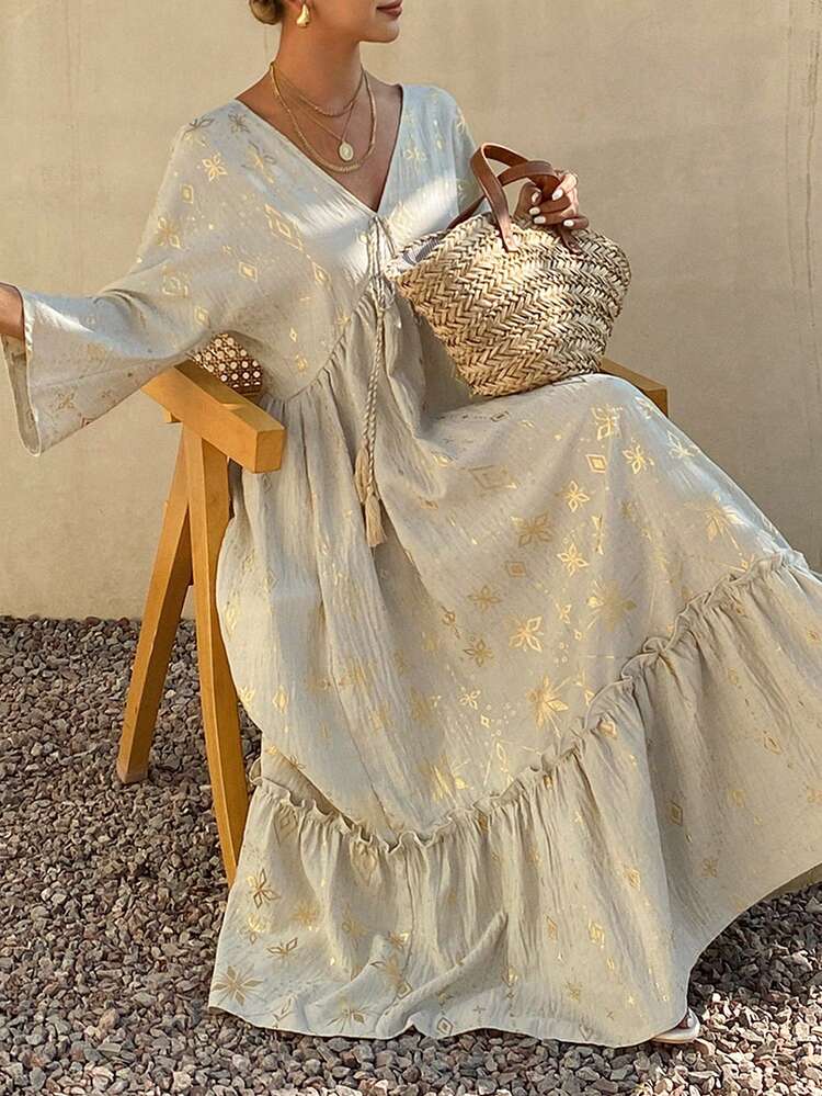 Women's V-Neck Long Sleeve Cinched Waist Floral Print Gold Foil Elegant Dress Sundress Boho