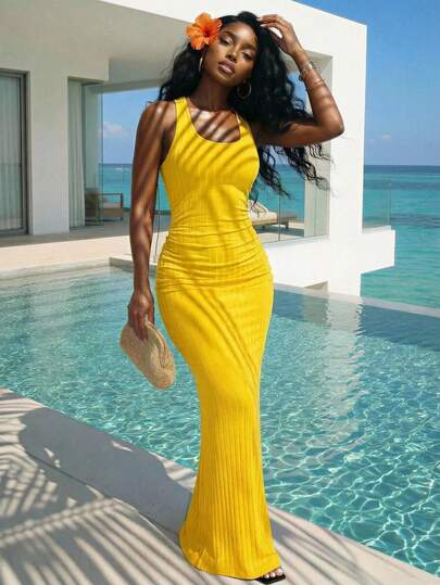 Slaydiva 早春新品、春夏音乐节、情人节、复活节休闲风、简约基础款、Y2K街头甜美风、畅销单品、日常约会、辣妹风、性感、运动时尚风、U领背心款、无袖、修身款、I字背心、宽条纹、浅黄色连衣裙、女士长裙 -A