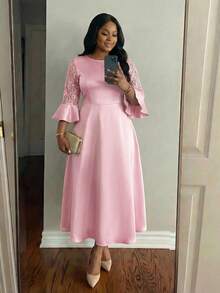 SHEIN Lady Đầm ren phối màu trơn thanh lịch cỡ lớn, thích hợp cho mùa hè. - Hồng - Xem 1