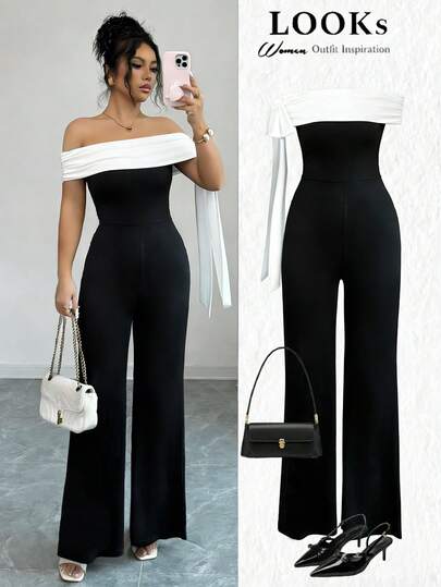 Elenzga Bộ jumpsuit ôm sát eo thắt nơ màu đen trắng tương phản mới mùa hè 2026, kiểu dáng thanh lịch dành cho nữ.