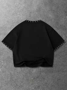ROMWE MEN Street Life Men's Rivet Decor Printed Short Sleeve T-Shirt, Loose Fit Spring/Summer - Black - View 3
