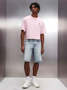 PLAYBOY X SUMWON Mens Cropped Fit Graphic Tee Short Sleeve Crew Neck Cotton T-Shirt With Script Print Casual Summer Top - Pink - View 3