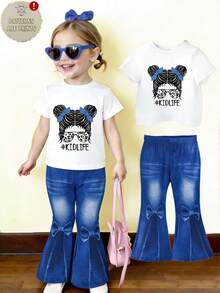2pcs Baby Girl Fashion Minimalist Bow Leopard Print Glasses Letter Print Top And Bow Denim Effect Print Flare Pants Set, Suitable For Outings In Summer - Multicolor - View 1