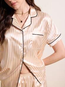 Striped Button Front Satin Pajama Set - Champagne - View 6