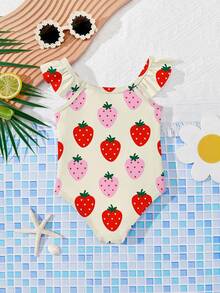 SHEIN Cute Summer Strawberry Print, Vacation Beach, #Coconutgirl, Baby Girls Casual Slim-Fit Bodysuit Swimsuit Suitable For Summer, Princess Chic, Little Stars, Baby Girl Swimwear, Vacay Romance Fruit Print Swimsuit For Girls Strawberry Swimsuit For Toddler Girls Baby Strawberry Swimsuit Girls Strawberry Swimsuit Baby Fruit Swimsuit - Multicolor - View 2