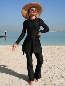 Swim Shayni 优雅黑色长袖泳衣，系带裙摆罩衫和喇叭裤防护泳装套装 - 黑色 - 查看 5