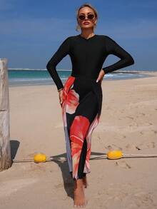 Swim Shayni New Black Long Sleeve Swimwear With Red Floral Print Mesh Skirt Overlay, 2-Piece Set Modest Swim Dress Beach Long Dress Resort Wear Women Maxi Long Sleeve Dress Long Casual Dress - Multicolor - View 6