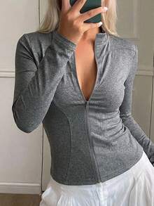 DAZY 女士长袖修身休闲运动开衫上衣，街头风轻薄夏季外套 - 灰色 - 查看 1