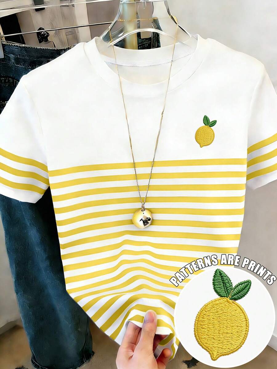 Resyla 女士休闲柠檬印花条纹短袖T恤，夏季 - 彩色 - 查看 1