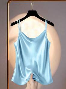 Franclia Camiseta holgada de satén de unicolor para mujer de talla grande - Azul - Ver 4