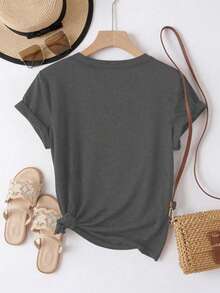 EMERY ROSE Vintage Leopard Print Heart & Feather Graphic Round Neck Short Sleeve V-Neck Casual T-Shirt For Women, Summer - Dark Grey - View 2
