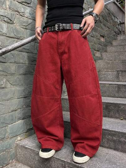 Manfinity Hypemode 新款宽松版型高街红色弯刀牛仔裤