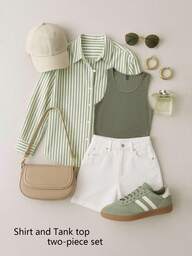 GlowEve Women's Olive Green Striped Loose Shirt And Knit Sleeveless Tank Top