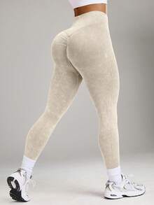 Eassivo Eassivo Mallas deportivas de alta elasticidad sin costuras, con cintura cruzada y efecto lavado para yoga y ejercicio - Beis - Ver 10