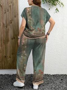 EMERY ROSE Conjunto informal de 2 piezas de talla grande con estampado floral verde - Camiseta de manga corta de murciélago y pantalones de pierna ancha, adecuado para el verano - Multicolor - Ver 2