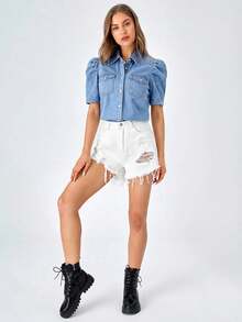 Jeanoix Plus Size Summer Casual Petal Sleeve Denim Blouse - Blue - View 5